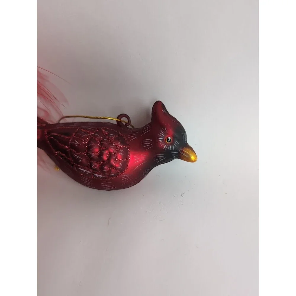 Cardinal Bird Christmas Ornament Red Feather Tail  Blown Glass Dept 56